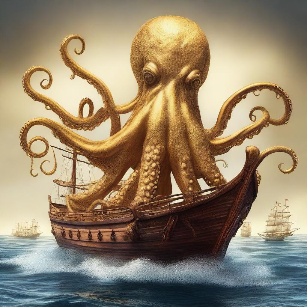 Create an image of a golden octopus with seven tentacles surrounding a ship's rudder