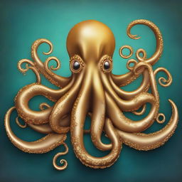 Create an image of a golden octopus with seven tentacles surrounding a ship's rudder