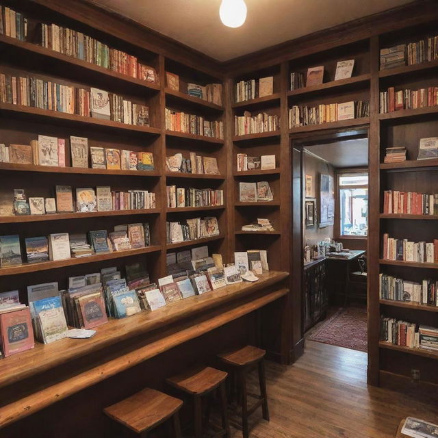 A quaint, small-sized coffee shop and bar. Cozy atmosphere with shelves filled with a variety of books.