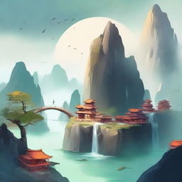 Create an ethereal and adventurous cover for a Xianxia novel featuring a river and a town viewed from the sky