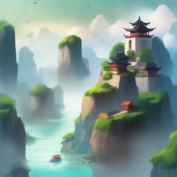 Create an ethereal and adventurous cover for a Xianxia novel featuring a river and a town viewed from the sky