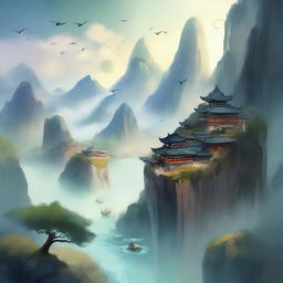 Create an ethereal and adventurous cover for a Xianxia novel featuring a river and a town viewed from the sky