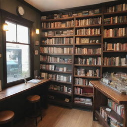 A quaint, small-sized coffee shop and bar. Cozy atmosphere with shelves filled with a variety of books.