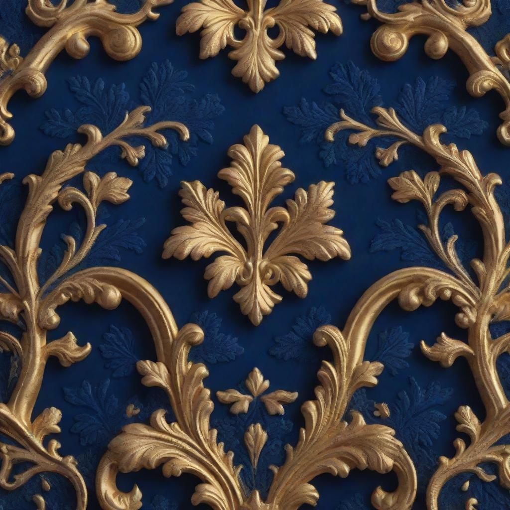 3D hyper-realistic close up of a golden and navy blue Rococo pattern set in a vibrant and mystical Russian forest with intricate detailing, capturing the aesthetic of flowers, fantasy, and cinema photography spirit vibes.