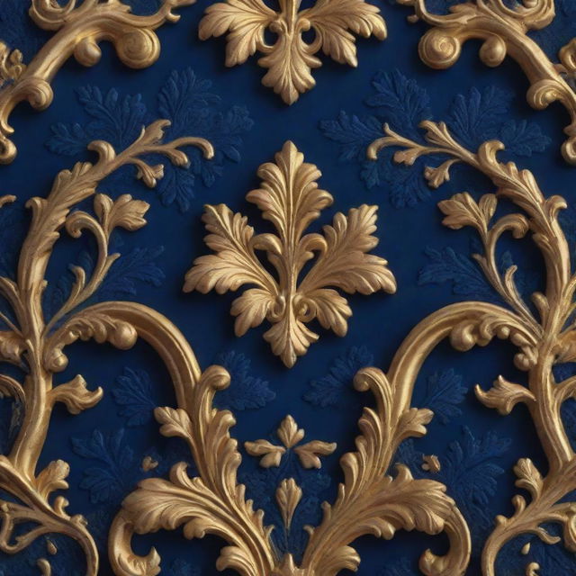 3D hyper-realistic close up of a golden and navy blue Rococo pattern set in a vibrant and mystical Russian forest with intricate detailing, capturing the aesthetic of flowers, fantasy, and cinema photography spirit vibes.