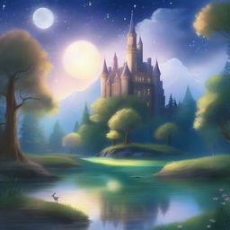 A magical fantasy scene featuring a mystical forest with glowing plants, a crystal-clear river, and a majestic castle in the background