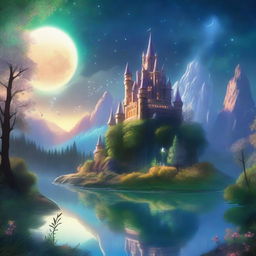 A magical fantasy scene featuring a mystical forest with glowing plants, a crystal-clear river, and a majestic castle in the background