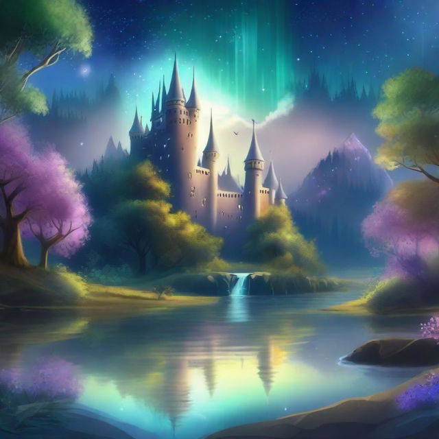 A magical fantasy scene featuring a mystical forest with glowing plants, a crystal-clear river, and a majestic castle in the background