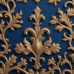 3D hyper-realistic close up of a golden and navy blue Rococo pattern set in a vibrant and mystical Russian forest with intricate detailing, capturing the aesthetic of flowers, fantasy, and cinema photography spirit vibes.