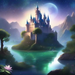 A magical fantasy scene featuring a mystical forest with glowing plants, a crystal-clear river, and a majestic castle in the background