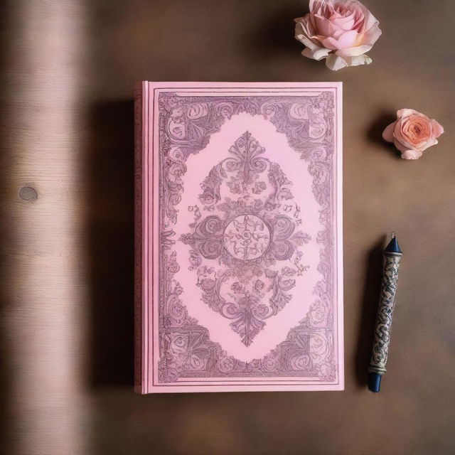 A vintage pink book with an ornate cover design, featuring intricate patterns and elegant typography