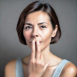 A portrait of a lady with her finger to her mouth in a thoughtful pose