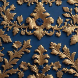 3D hyper-realistic close up of a golden and navy blue Rococo pattern set in a vibrant and mystical Russian forest with intricate detailing, capturing the aesthetic of flowers, fantasy, and cinema photography spirit vibes.