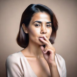 A portrait of a lady with her finger to her mouth in a thoughtful pose