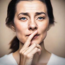 A portrait of a lady with her finger to her mouth in a thoughtful pose