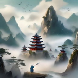 A captivating scene from a xianxia novel, featuring mystical landscapes with towering mountains, ancient temples, and characters in traditional Chinese attire practicing martial arts and magic