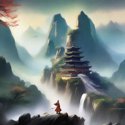 A captivating scene from a xianxia novel, featuring mystical landscapes with towering mountains, ancient temples, and characters in traditional Chinese attire practicing martial arts and magic