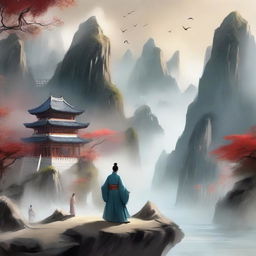 A captivating scene from a xianxia novel, featuring mystical landscapes with towering mountains, ancient temples, and characters in traditional Chinese attire practicing martial arts and magic