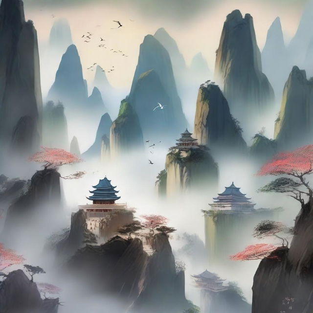 A captivating scene from a xianxia novel, featuring mystical landscapes with towering mountains, ancient temples, and characters in traditional Chinese attire practicing martial arts and magic