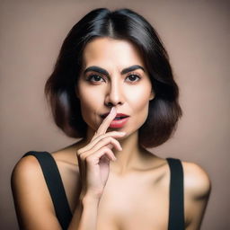 A portrait of a lady with her finger to her mouth in a seductive pose