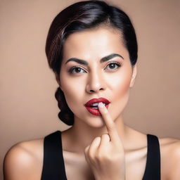 A portrait of a lady with her finger inside her mouth in a seductive manner