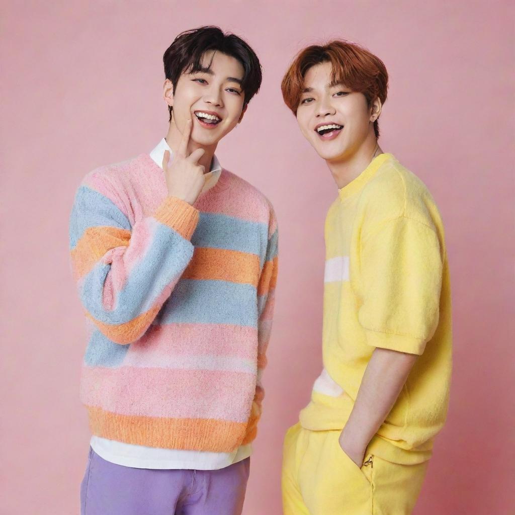 Yeonjun and Soobin from TXT in a playful photoshoot. They're dressed in colorful, trendy clothing, laughing and having a good time together.