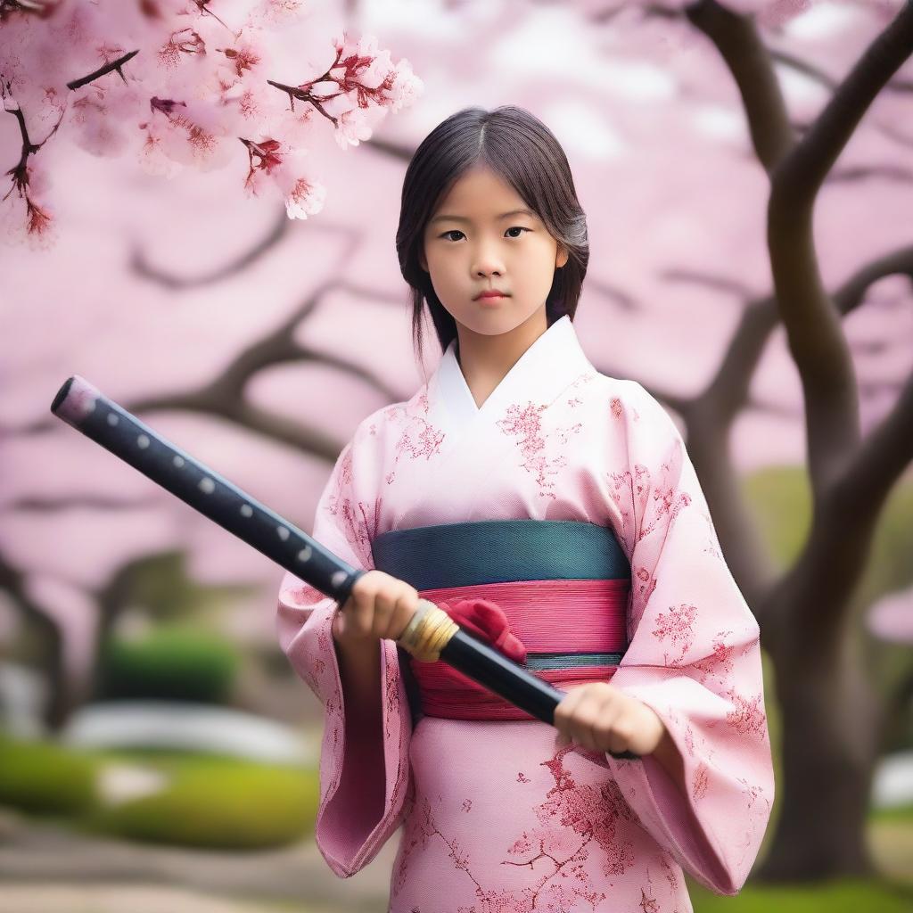 A young girl holding a traditional Japanese katana, standing in a serene Japanese garden with cherry blossom trees in full bloom