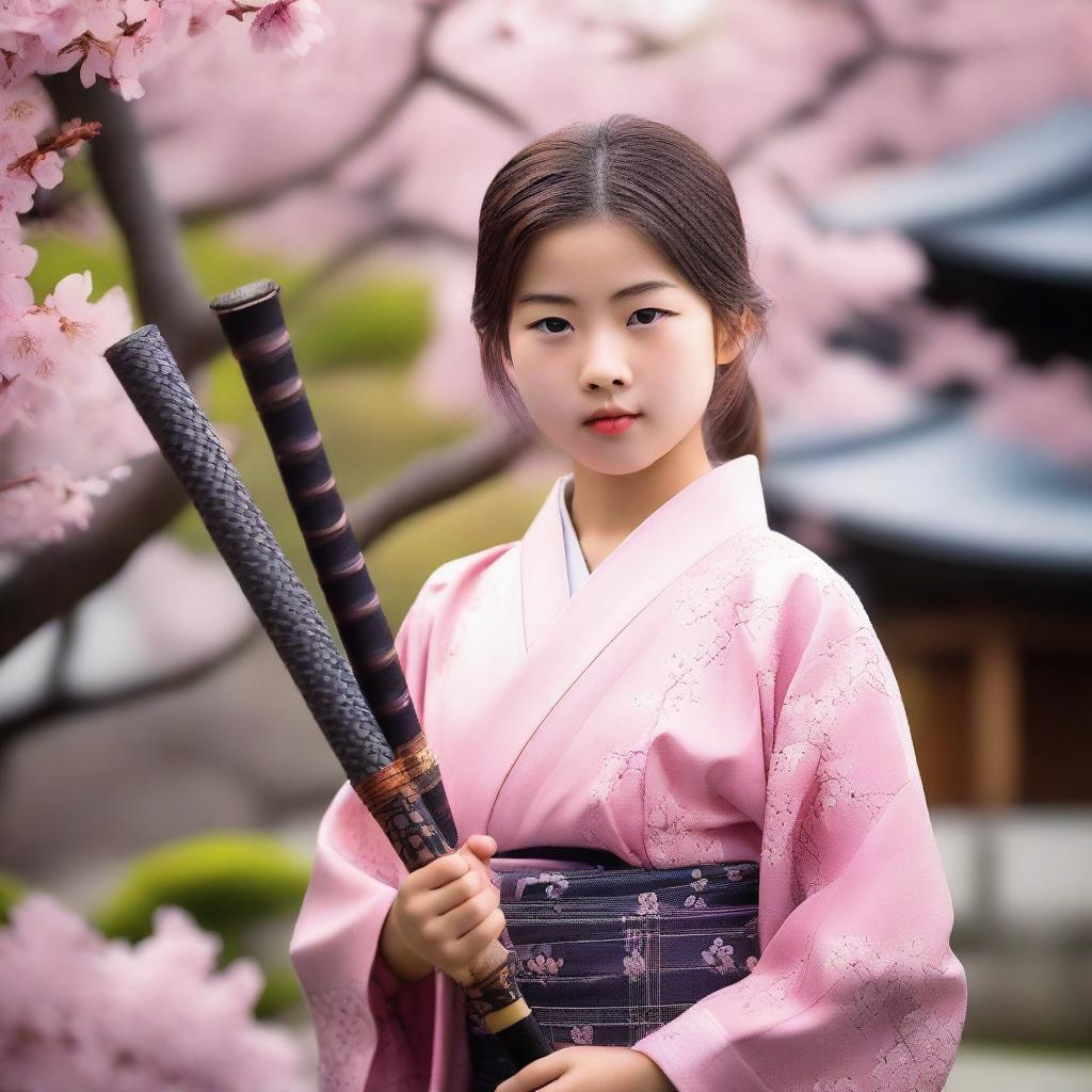 A young girl holding a traditional Japanese katana, standing in a serene Japanese garden with cherry blossom trees in full bloom