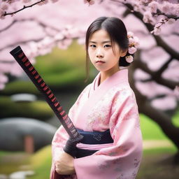 A young girl holding a traditional Japanese katana, standing in a serene Japanese garden with cherry blossom trees in full bloom