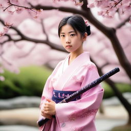 A young girl holding a traditional Japanese katana, standing in a serene Japanese garden with cherry blossom trees in full bloom