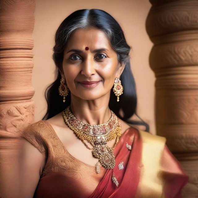 A mature Indian woman with a confident and graceful demeanor