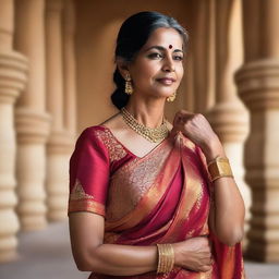 A mature Indian woman with a confident and graceful demeanor