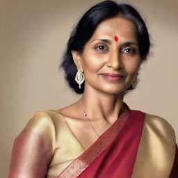 A mature Indian woman wearing a sleeveless saree