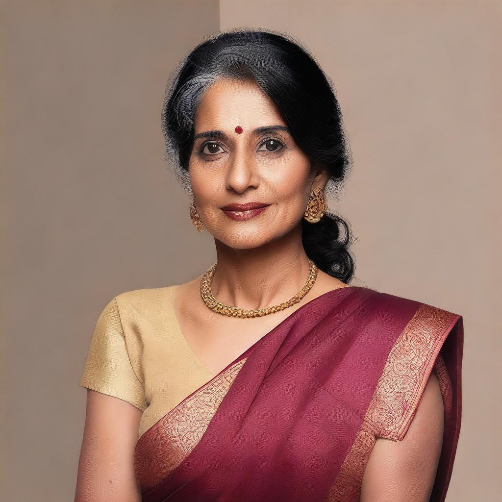 A mature Indian woman wearing a sleeveless saree