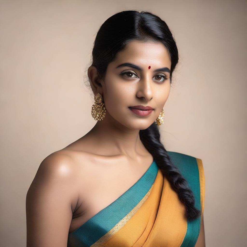 A confident Indian woman wearing a sleeveless saree, showcasing her natural beauty with visible armpit hair