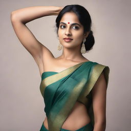 A confident Indian woman wearing a sleeveless saree, showcasing her natural beauty with visible armpit hair