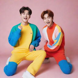 Yeonjun and Soobin from TXT in a playful photoshoot. They're dressed in colorful, trendy clothing, laughing and having a good time together.