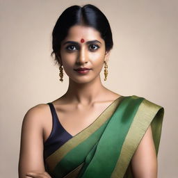 A confident Indian woman wearing a sleeveless saree, showcasing her natural beauty with visible armpit hair