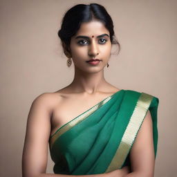 A confident Indian woman wearing a sleeveless saree, showcasing her natural beauty with visible armpit hair