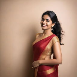 A confident and attractive Indian woman wearing a sleeveless saree, showcasing her natural beauty with visible armpit hair