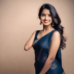 A confident and attractive Indian woman wearing a sleeveless saree, showcasing her natural beauty with visible armpit hair