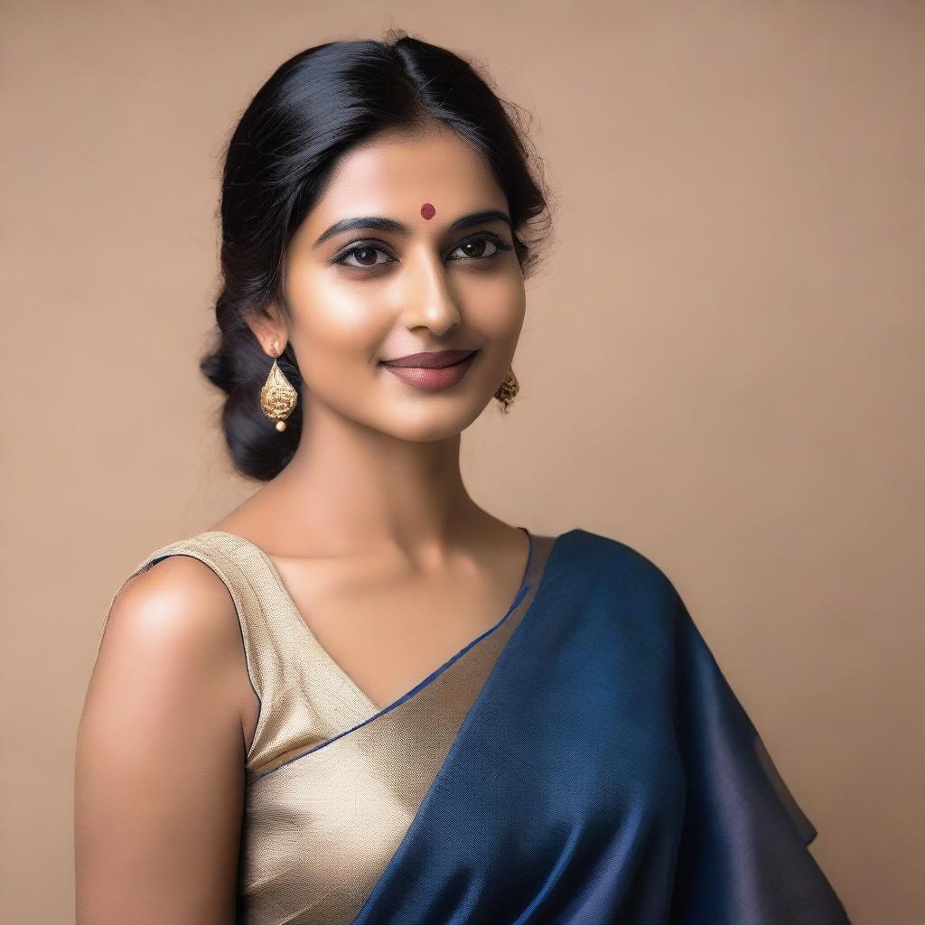 A confident and attractive Indian woman wearing a sleeveless saree, showcasing her natural beauty with visible armpit hair