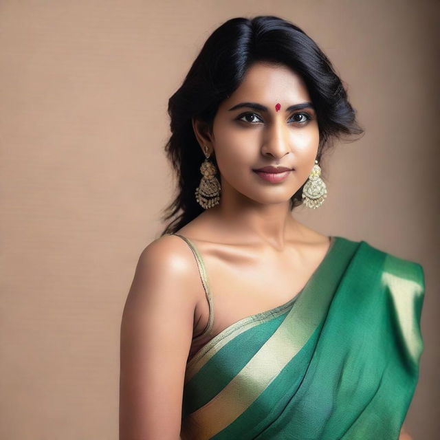 A confident and attractive Indian woman wearing a sleeveless sari, showcasing her natural beauty with visible armpit hair