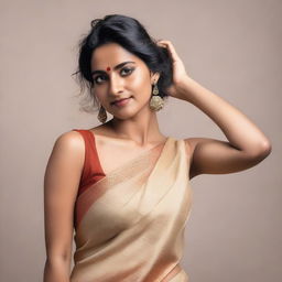 A confident and attractive Indian woman wearing a sleeveless sari, showcasing her natural beauty with visible armpit hair