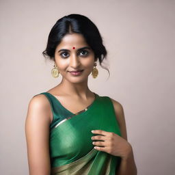 A confident and attractive Indian woman wearing a sleeveless sari, showcasing her natural beauty with visible armpit hair