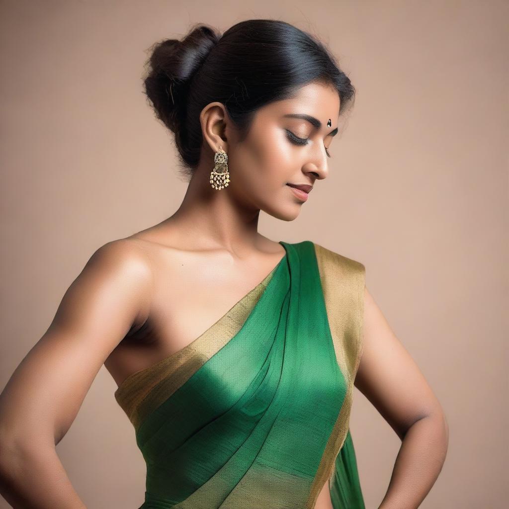 A confident and attractive Indian woman wearing a sleeveless sari, showcasing her natural beauty with visible armpit hair