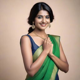 A confident and attractive Indian woman wearing a sleeveless sari, showcasing her natural beauty with visible armpit hair