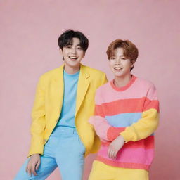 Yeonjun and Soobin from TXT in a playful photoshoot. They're dressed in colorful, trendy clothing, laughing and having a good time together.