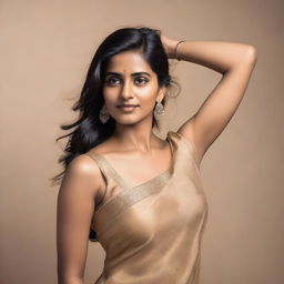 A confident and attractive Indian woman wearing a sleeveless sari, showcasing her natural beauty with visible armpit hair