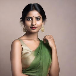 A confident and attractive Indian woman wearing a sleeveless sari, showcasing her natural beauty with visible armpit hair